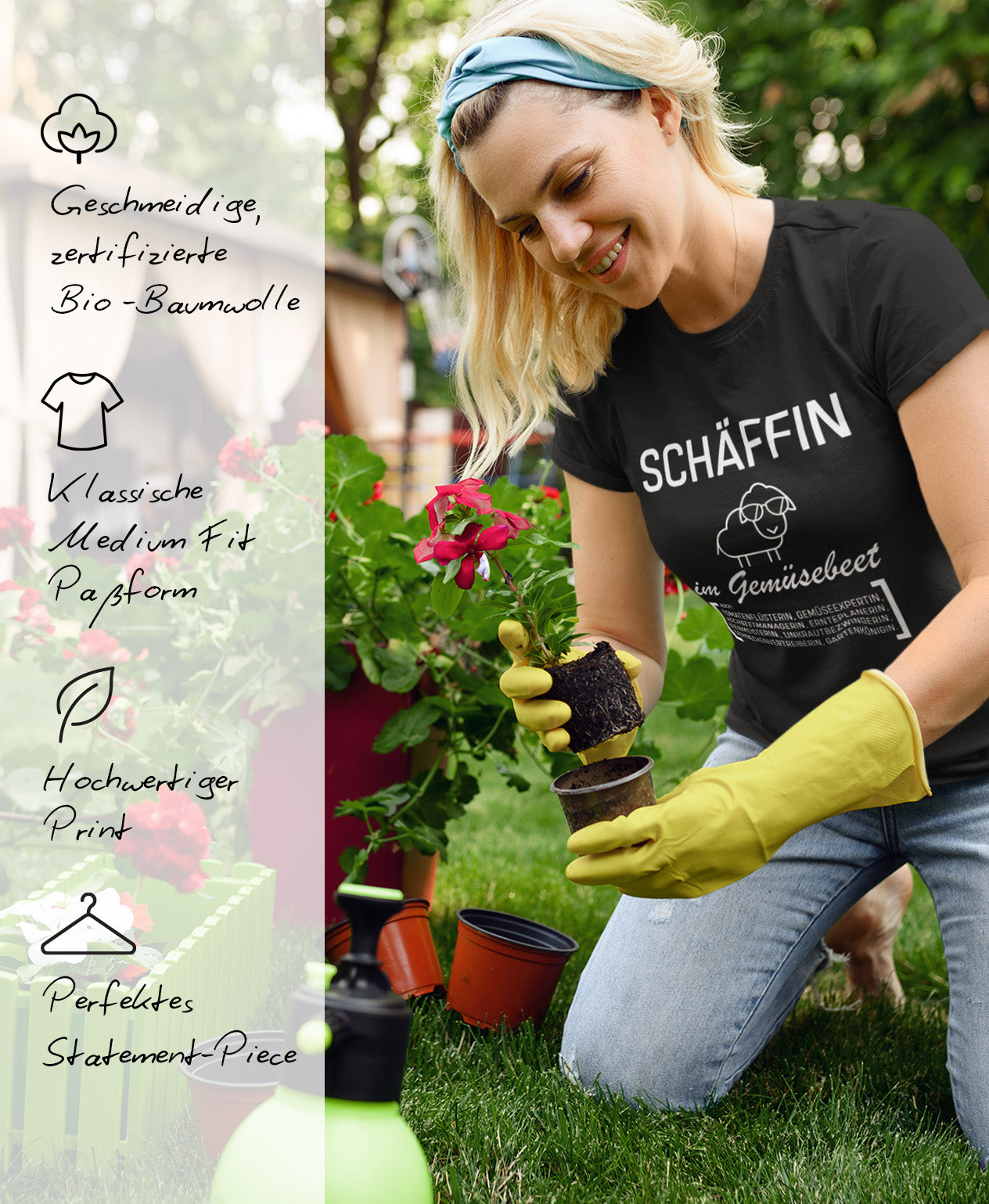 Frau trägt SCHÄFFIN – Gärtnerin Garten Bio T-Shirt in Farbe Schwarz, weisser Frontaufdruck im Wörterbuch-Stil. Links daneben Produktmerkmale: geschmeidige Bio-Baumwolle, Medium Fit Passform, hochwertiger Print und perfektes Statement-Piece.