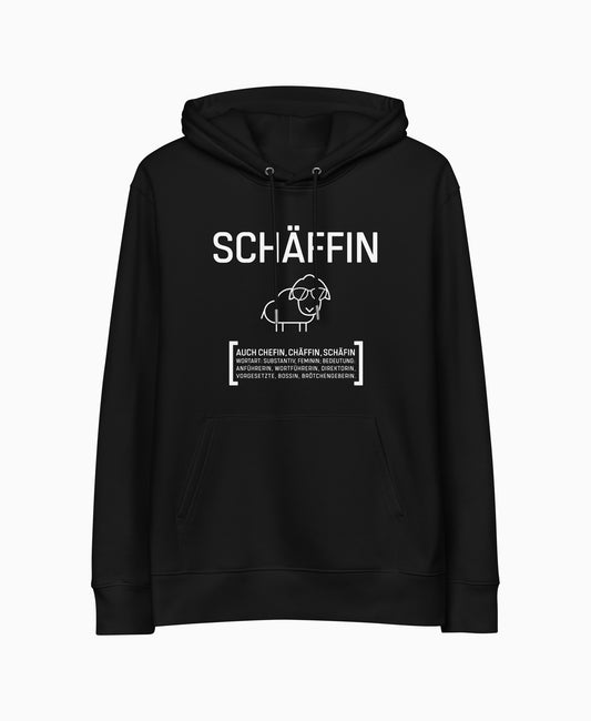 SCHÄFFIN – Chefin Bio-Hoodie in Schwarz mit lustigem Schaf und Wörterbuch Definition