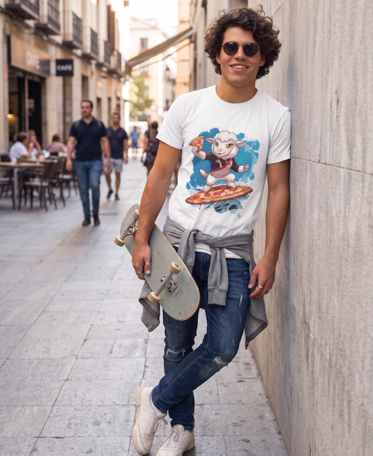 Mann im lässigen Streetstyle trägt ein weißes SCHÄFF Surfing Sheep Pizza Lover Bio T-Shirt und hält ein Skateboard in einer Fußgängerzone.