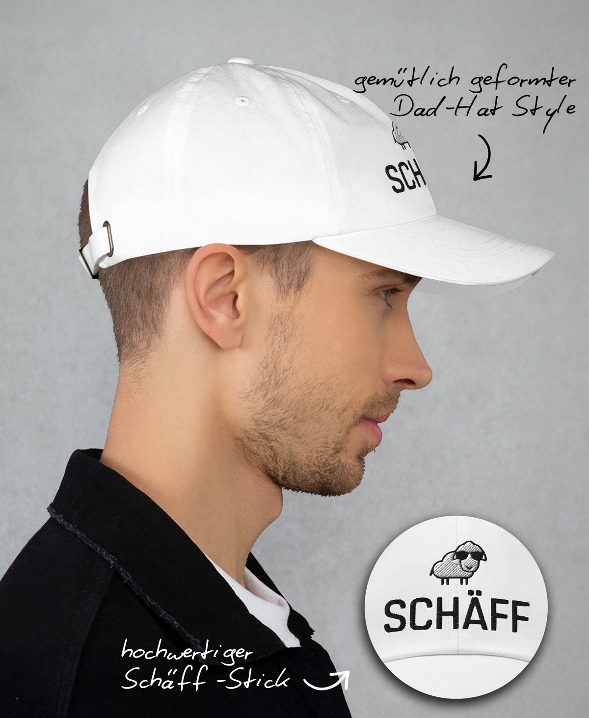 Mann mit weissem Schäff Kappe in Seitenansicht; Cap mit hochwertigem SCHÄFF-Stick und gemütlicher Dad-Hat-Form.
