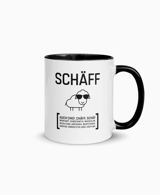 Weiße Keramiktasse mit schwarzer Innenseite und SCHÄFF Motiv – 2 seitig bedruckt