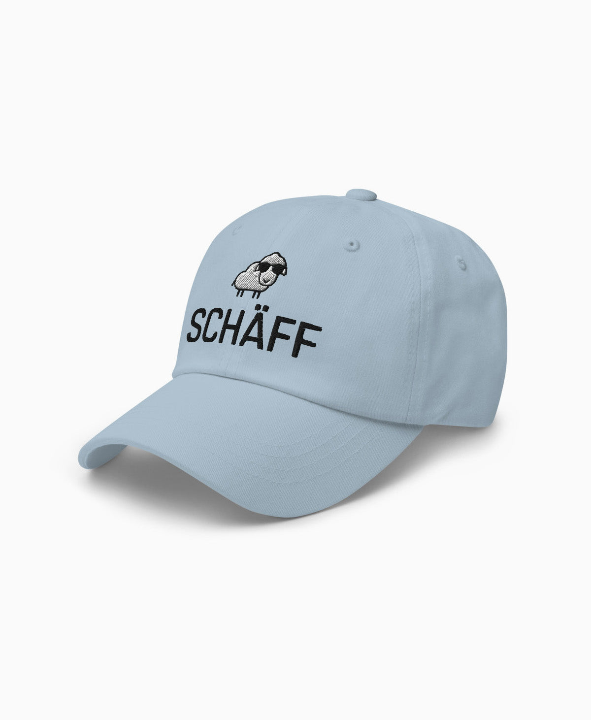 Hellblaue Dad-Hat mit SCHÄFF Stickmotiv: Schaf mit Sonnenbrille – sportliche Cap für den humorvollen Chef.