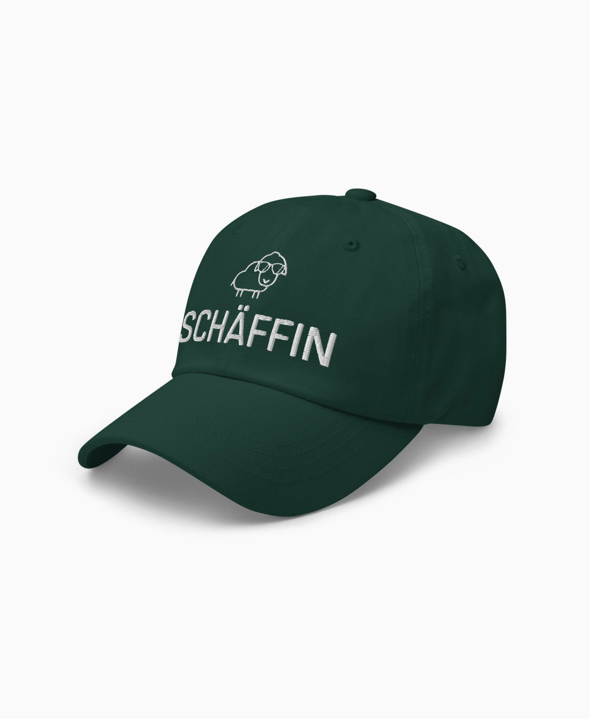 Grüne Dad-Hat in Fichte mit SCHÄFFIN Stick: Schaf mit Sonnenbrille – moderne Cap für die Chefin.