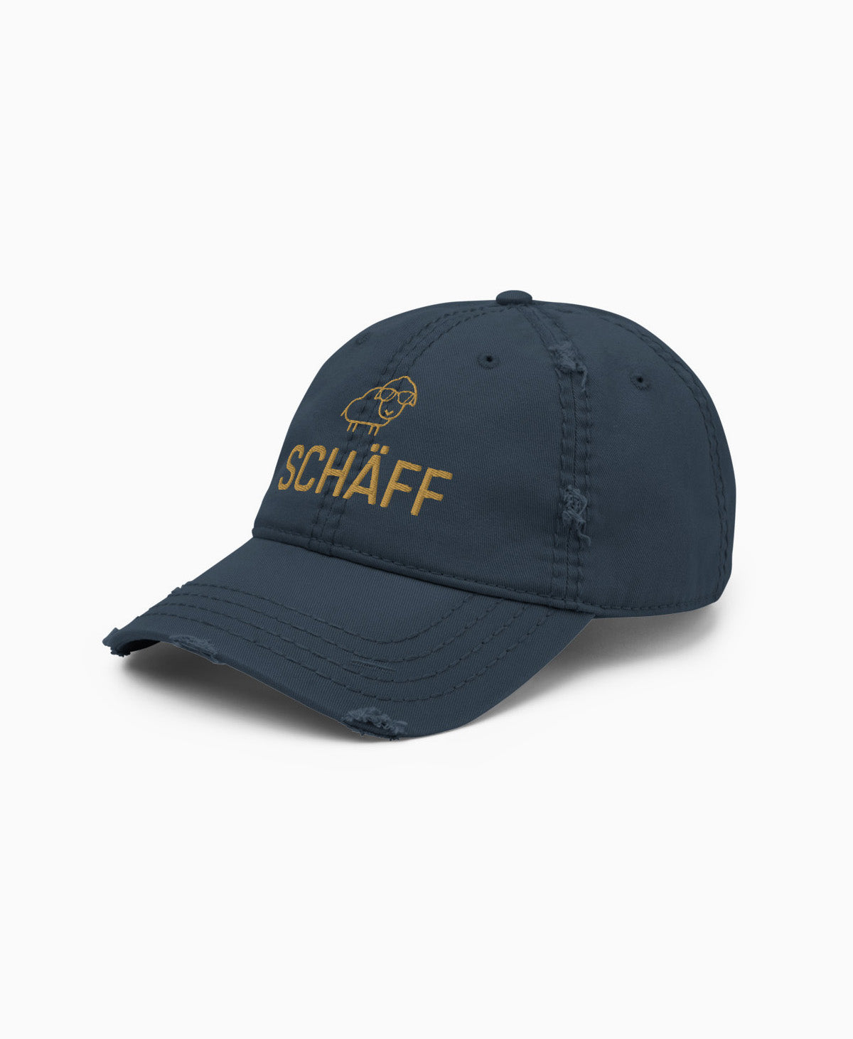 Navy Dad-Hat im Used-Look mit SCHÄFF Stick in Old-Gold – stylische, leicht verwitterte Cap für den Chef.