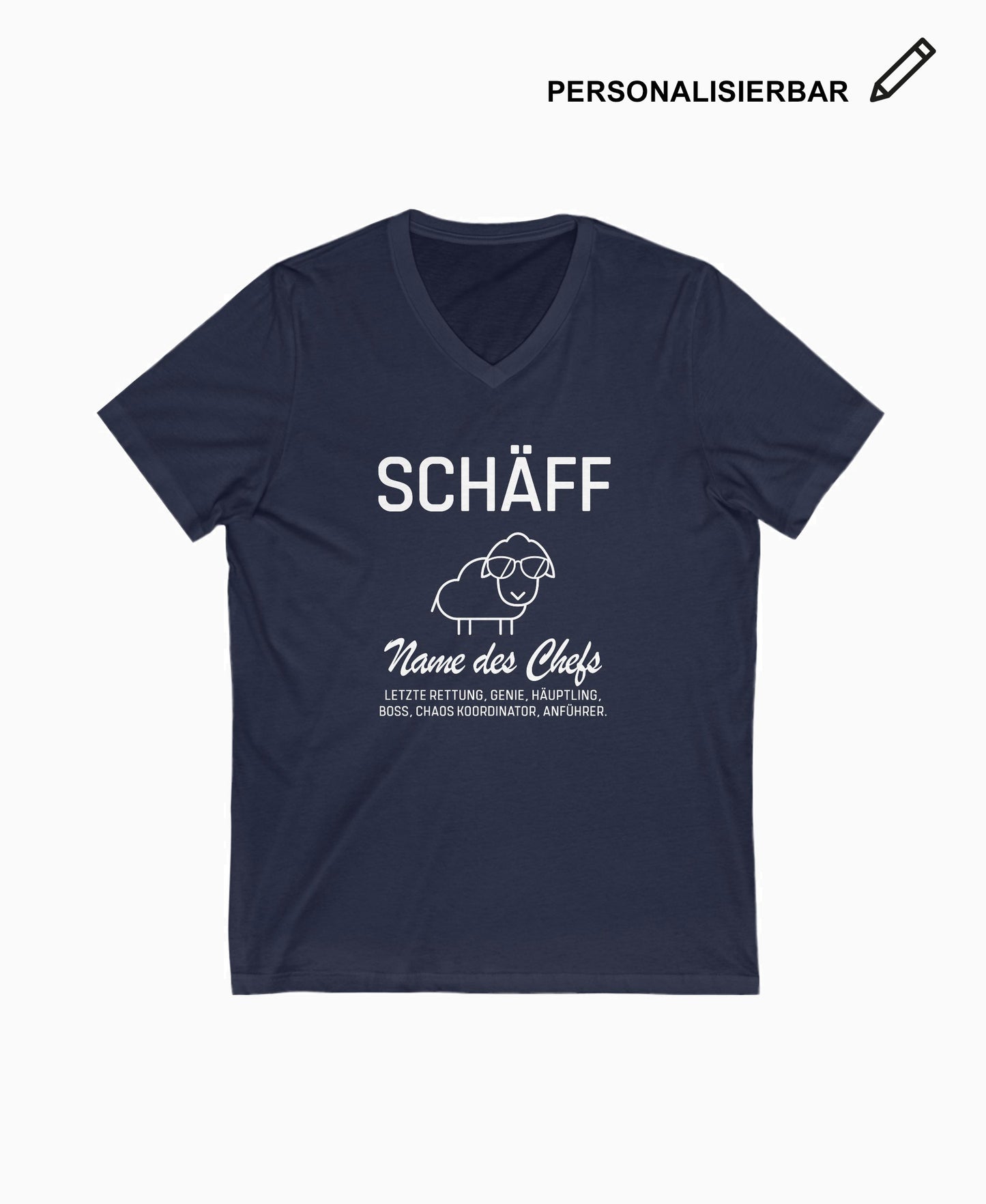 Navy Herren V-Neck T-Shirt mit SCHÄFF Motiv: lustiges Schaf mit Sonnenbrille – personalisierbares Geschenk für Chef.
