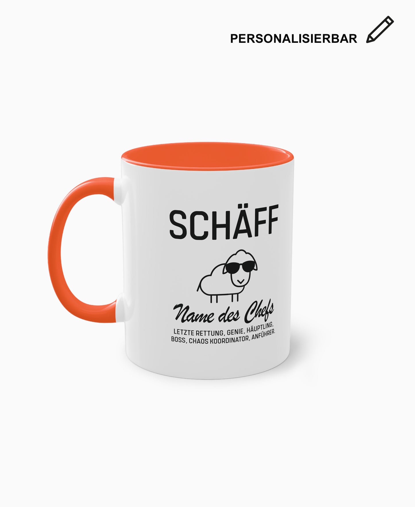 Weiße Keramiktasse mit orangefarbener Innenseite, SCHÄFF Motiv und Wunschtext – individuelles Geschenk für den Chef.