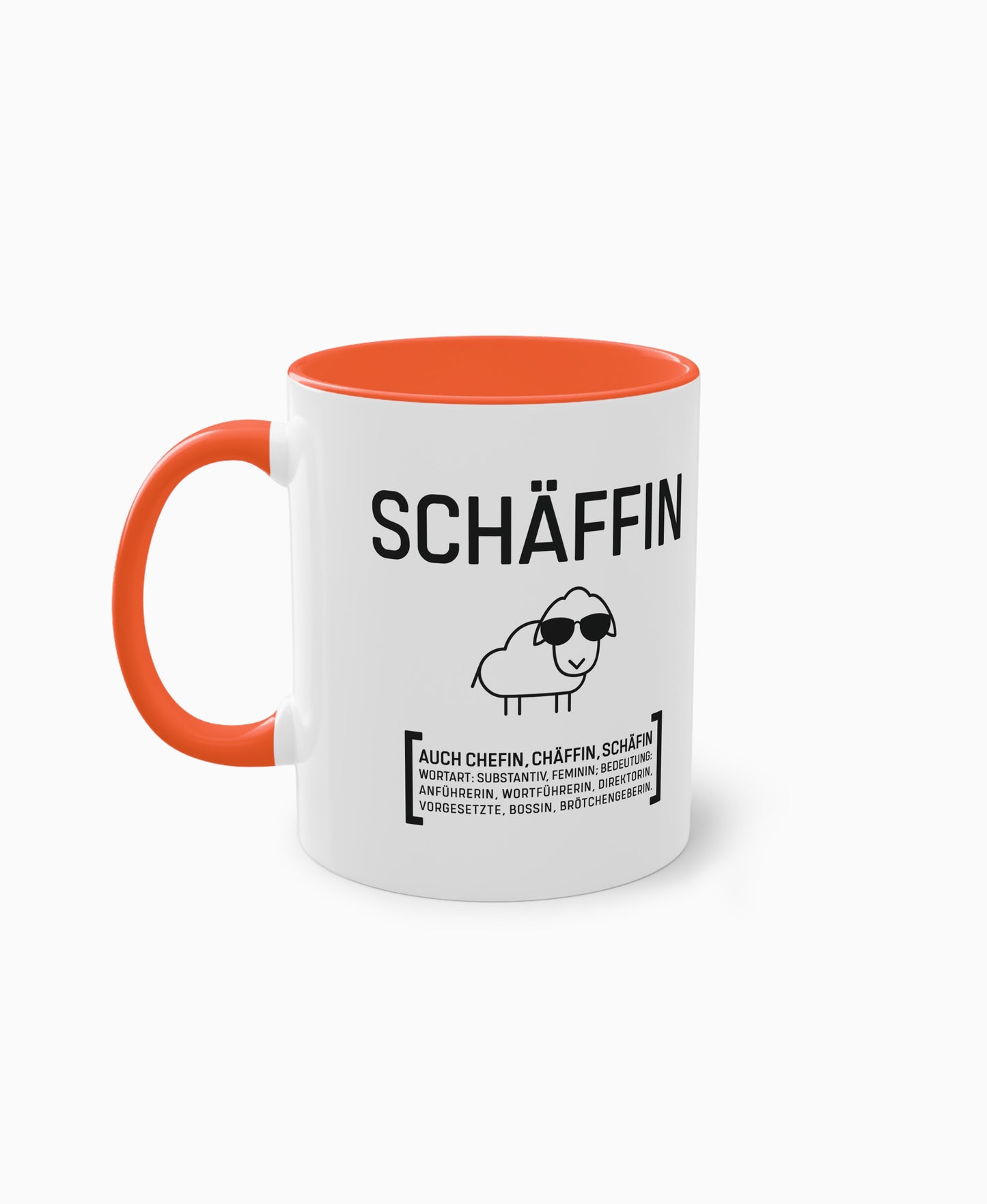 Weiße Keramiktasse mit orangefarbener Innenseite und SCHÄFFIN Motiv – witziges Geschenk für die Chefin.