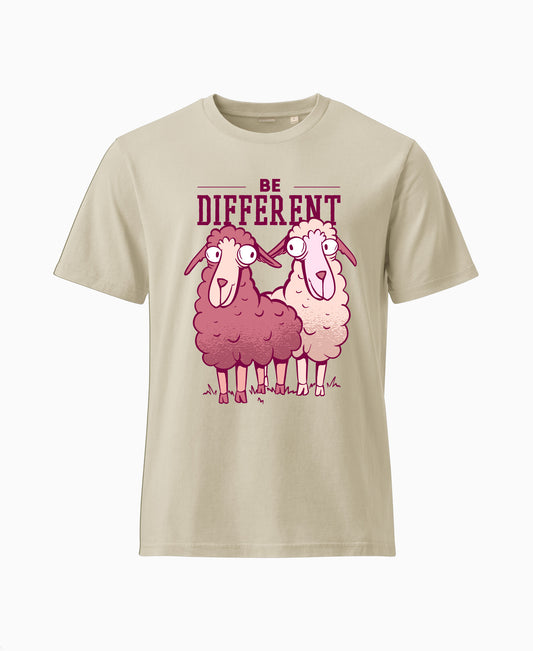SCHÄFF - Be Different Schaf Bio T-Shirt in Farbe Desert Dust mit lustigem Schäfchen-Motiv und Spruch für Schaf-Fans
