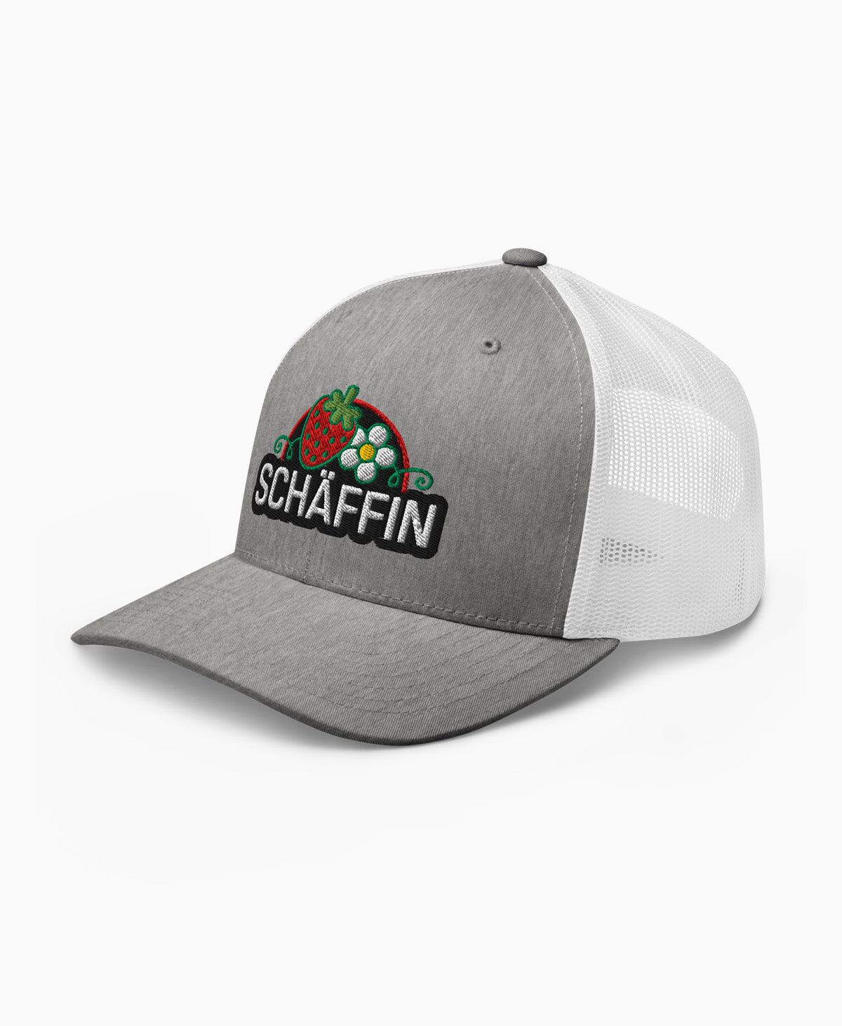 Bestickte SCHÄFFIN Kappe mit Erdbeere und atmungsaktivem Mesh-Einsatz in Graumeliert-Weiß– Geschenk für Einkoch-Fans, Seitenansicht links