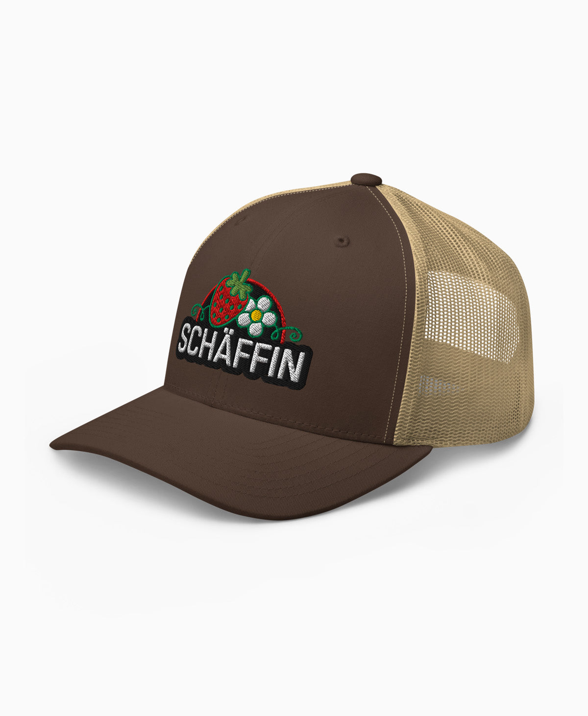SCHÄFFIN Retro Trucker Cap Erdbeere in Braun-Khaki mit hochwertigem Erdbeer-Stickerei-Motiv