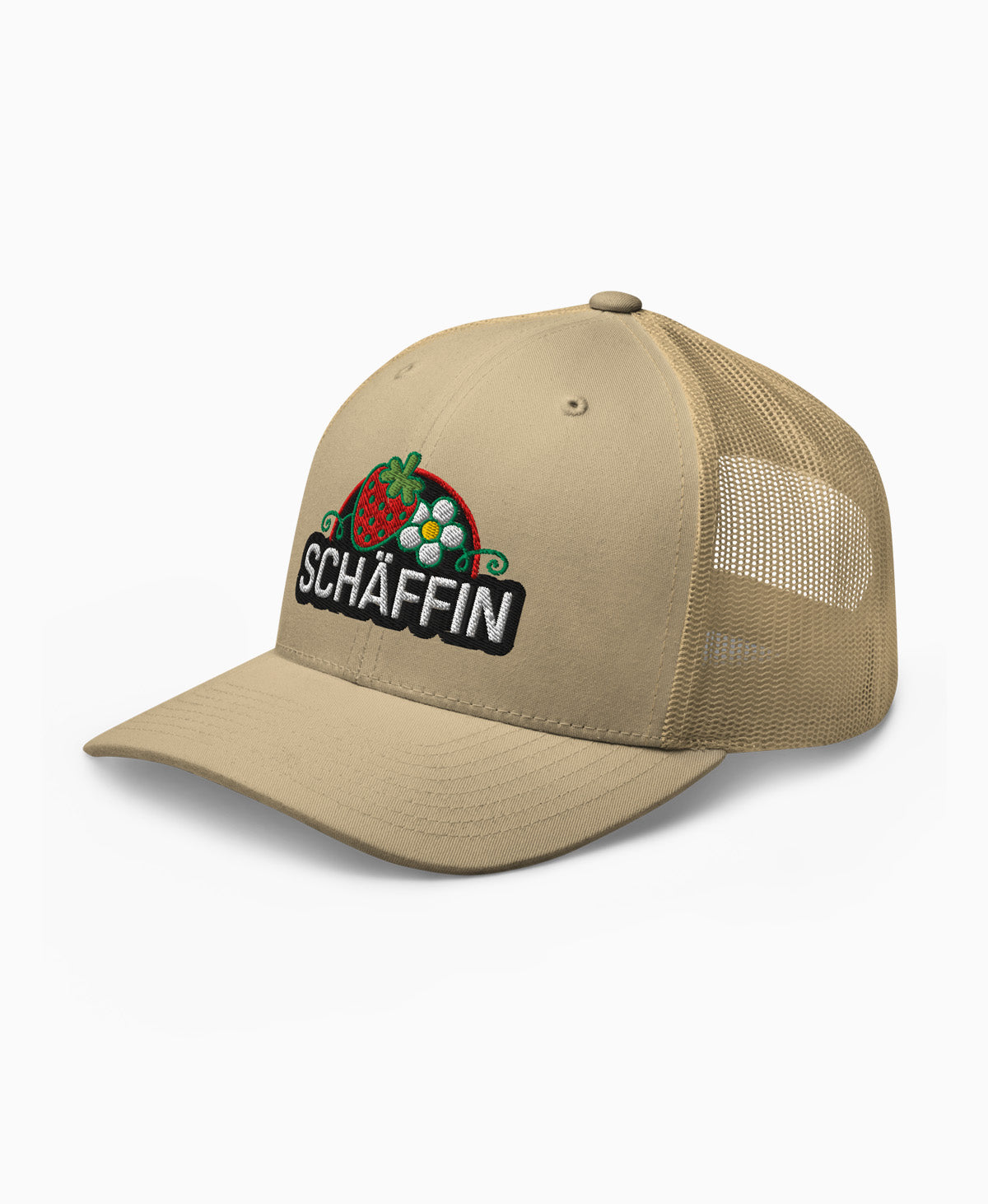 SCHÄFFIN Retro Cap Erdbeere in Khaki mit hochwertigem Erdbeer-Stickerei-Motiv