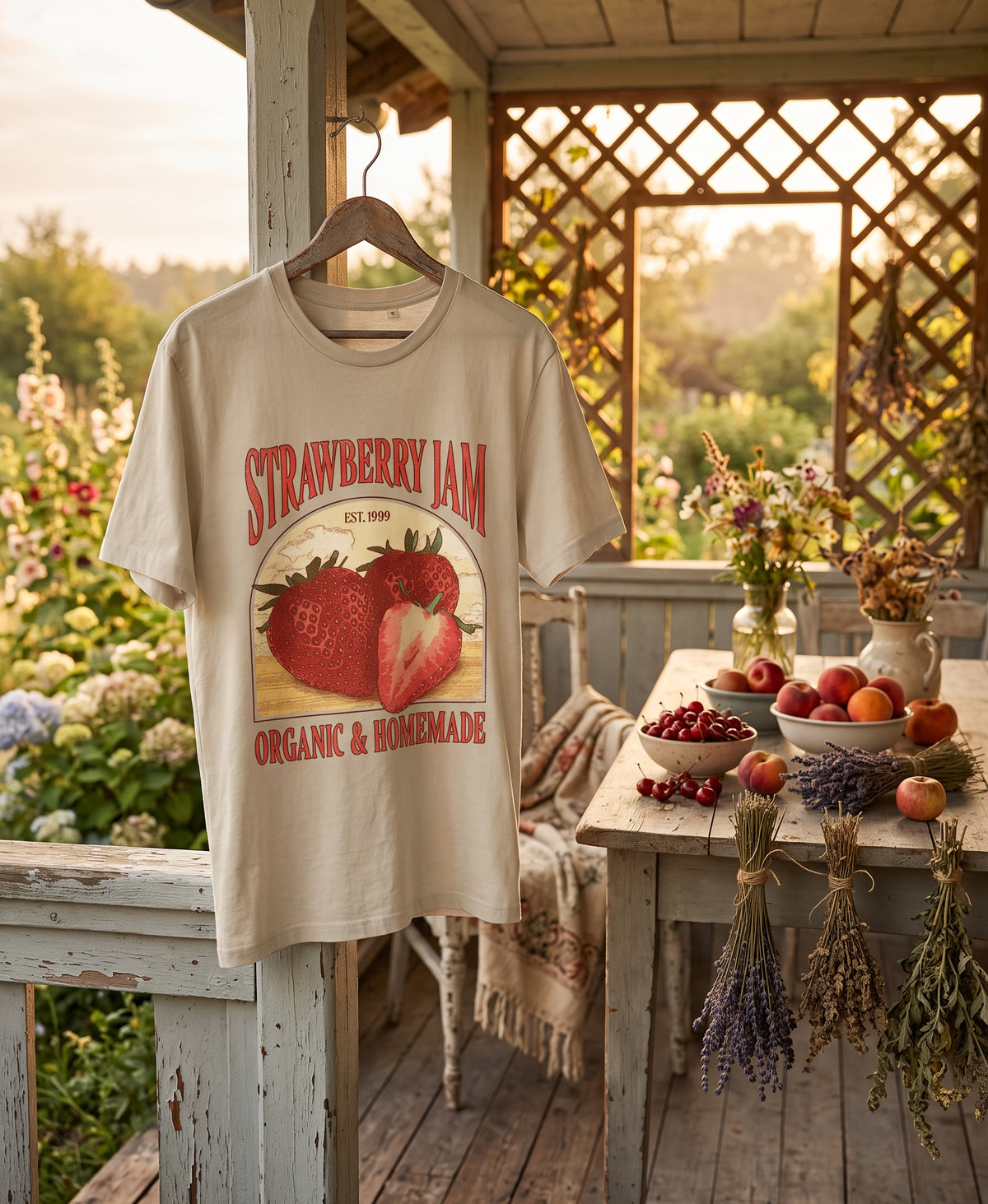 Schäffin Vintage Erdbeer T-Shirt hängt an einem hölzerenen Kleiderbügel auf einer Veranda im Vintage-Stil. Im Hintergrund sieht man einen Tisch mit Obst und getrockneten Kräutern, liebevoll arrangiert.