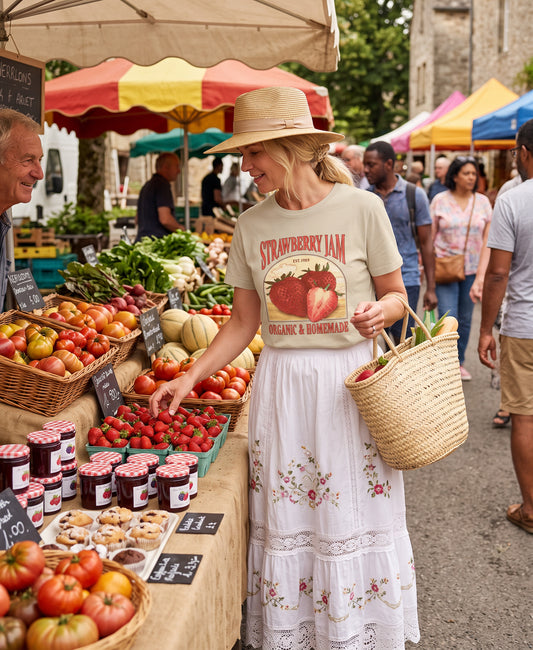 Blonde Frau mit Sonnenhut und Schäffin Vintage Erdbeer Bio T-Shirt kauft an einem Marktstand frisches Obst ein