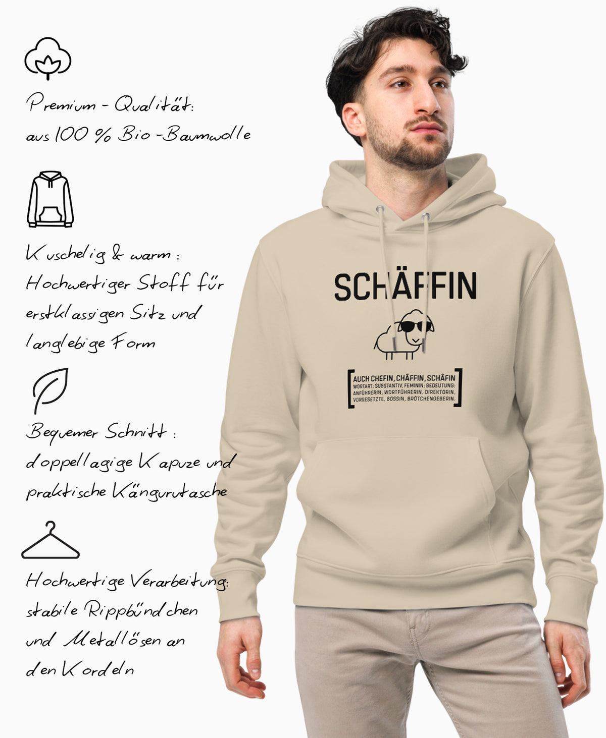 SCHÄFF – Chefin Bio-Hoodie mit lustigem Schaf und Produktfeatures in Textform: Premium Qualität, Hochwertiger Stoff, doppellagige Kapuze und praktische Kängurutasche, stabile Rippbündchen und Metallösen an den Kordeln.
