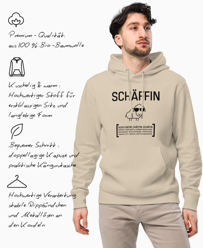 SCHÄFF – Chefin Bio-Hoodie mit lustigem Schaf und Produktfeatures in Textform: Premium Qualität, Hochwertiger Stoff, doppellagige Kapuze und praktische Kängurutasche, stabile Rippbündchen und Metallösen an den Kordeln.