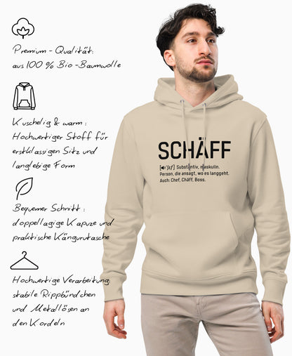 SCHÄFF – Chef Definition Bio-Hoodie mit Produktfeatures in Textform: Premium Qualität, Hochwertiger Stoff, doppellagige Kapuze und praktische Kängurutasche, stabile Rippbündchen und Metallösen an den Kordeln.