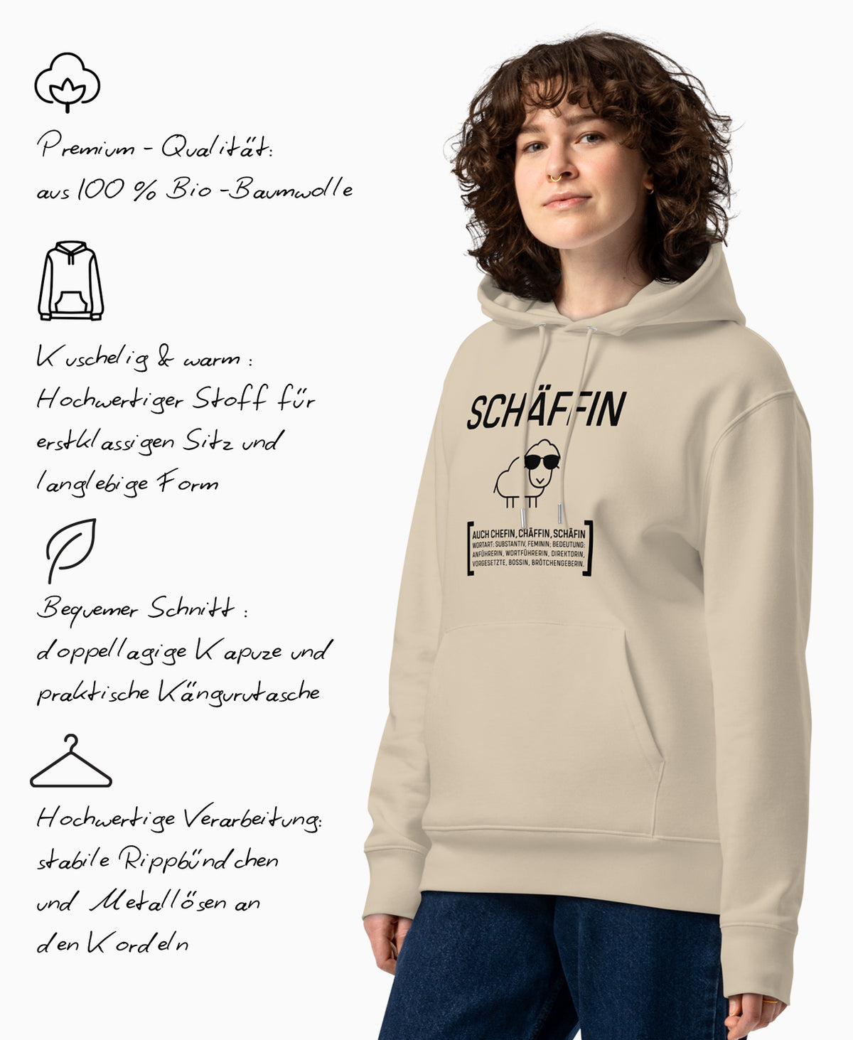 SCHÄFFIN – Chefin Bio-Hoodie mit lustigem Schaf und Produktfeatures in Textform: Premium Qualität, Hochwertiger Stoff, doppellagige Kapuze und praktische Kängurutasche, stabile Rippbündchen und Metallösen an den Kordeln.