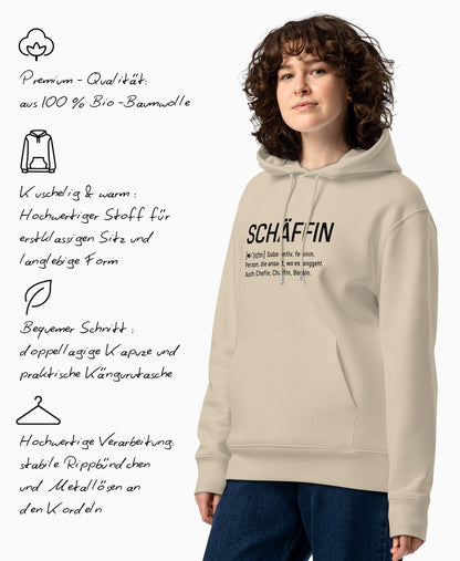SCHÄFFIN – Chefin Definition Bio-Hoodie mit Produktfeatures in Textform: Premium Qualität, Hochwertiger Stoff, doppellagige Kapuze und praktische Kängurutasche, stabile Rippbündchen und Metallösen an den Kordeln.
