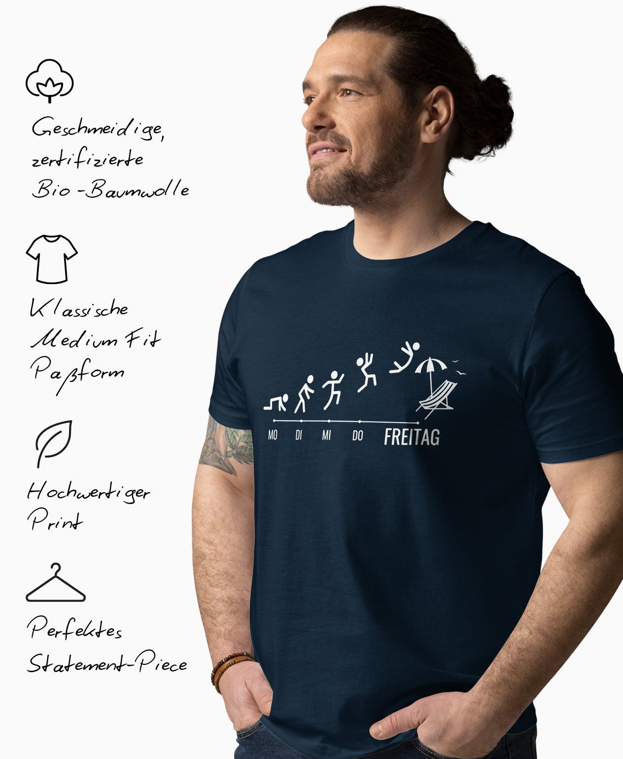 Mann trägt SCHÄFF – Evolution Arbeitswoche Freitag Liegestuhl T-Shirt in Farbe French Navy mit lustigen weissen Strichmännchen. Links daneben Produktmerkmale: geschmeidige Bio-Baumwolle, Medium Fit Passform, hochwertiger Print und perfektes Statement-Piece. 