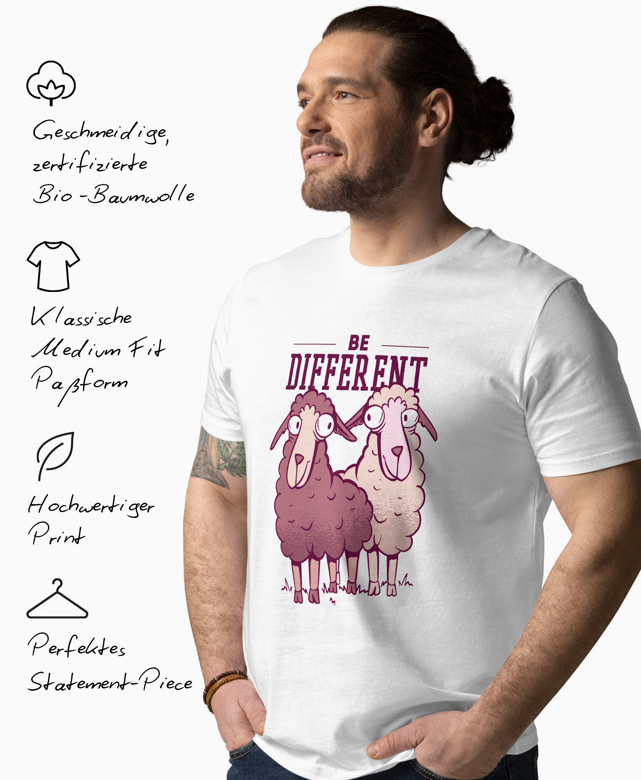 Mann trägt SCHÄFF – Be Different Schaf Bio T-Shirt in Farbe Weiss, mit lustigen Schäfchen und Spruch. Links daneben Produktmerkmale: geschmeidige Bio-Baumwolle, Medium Fit Passform, hochwertiger Print und perfektes Statement-Piece.