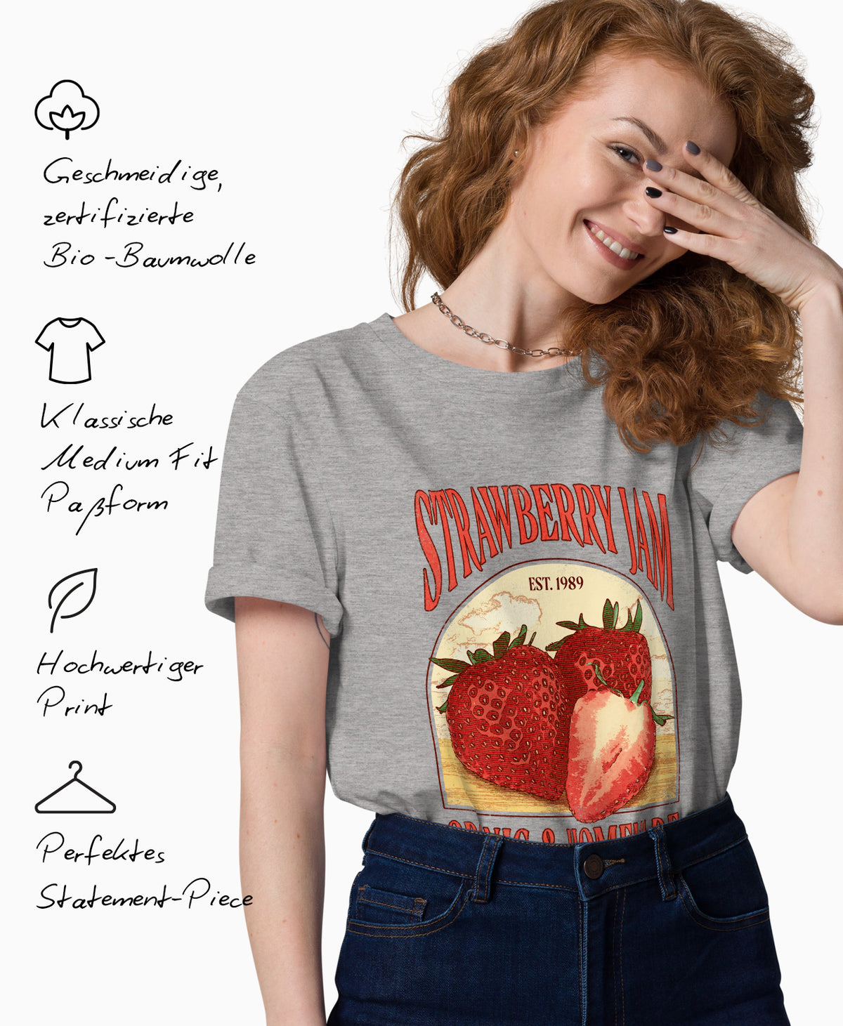 Schäffin Vintage Erdbeer Bio T-Shirt  mit Text: geschmeidige, zeritifizierte Bio-Baumwolle, klassische Medium Passform, hochwertiger pdrint und perfektes statement-piece