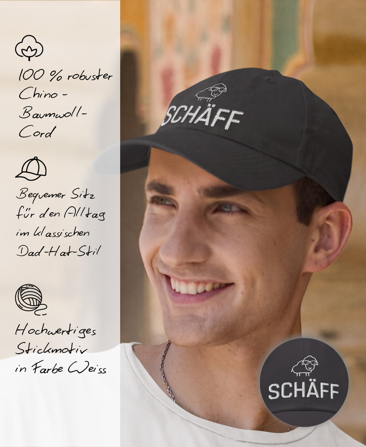 Mann mit dunkelgrauer Schäff Cap in Seitenansich und Produktfeatures: 100 % robuster Chio-Baumwoll-Cord, Bequemer Sitz für den Allag im klassischen Dad-Hat-Stil, Hochwertiges Stickmotiv in Farbe Weiss.