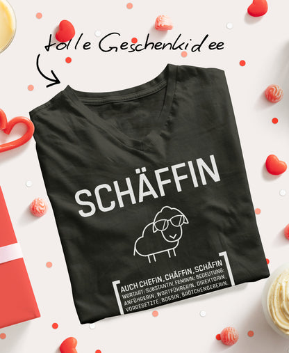 Schwarzes Damen V-Neck T-Shirt mit Schäffin Motiv: cooles Schaf mit Sonnenbrille – tolle Geschenkidee für humorvolle Chefin