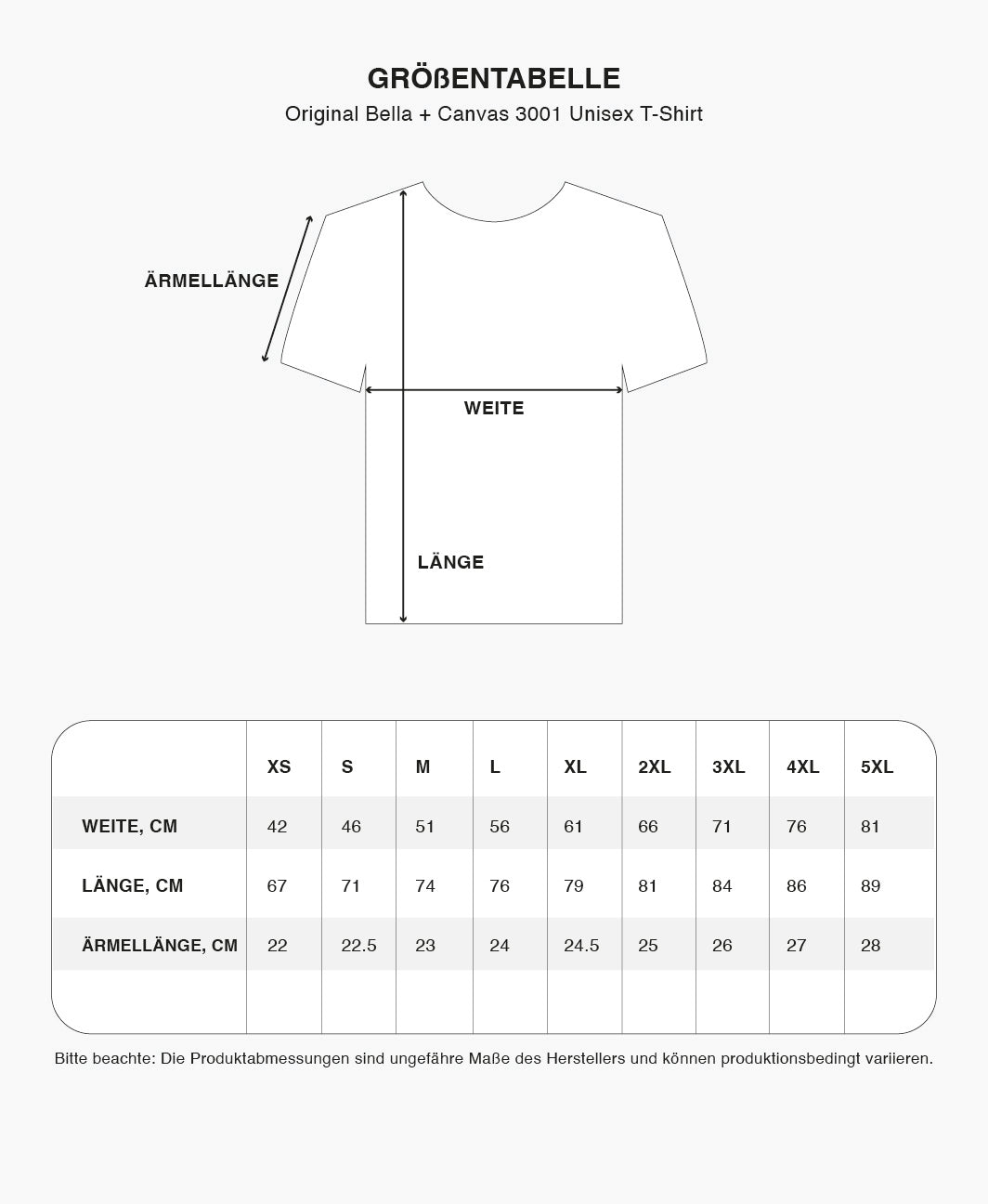 Größentabelle Original Bella + Canvas 3001 Unisex T-Shirt 