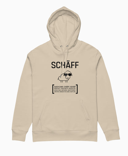 SCHÄFFIN – Chefin Bio-Hoodie in Beige mit lustigem Schaf und Wörterbuch Definition
