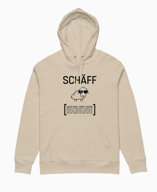 SCHÄFFIN – Chefin Bio-Hoodie in Beige mit lustigem Schaf und Wörterbuch Definition