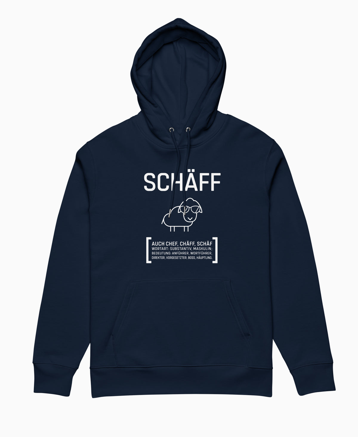 SCHÄFFIN – Chefin Bio-Hoodie in Navy mit lustigem Schaf und Wörterbuch Definition