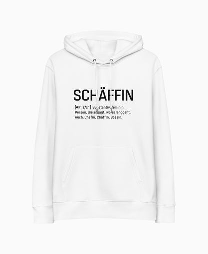 SCHÄFFIN – Chefin Definition Bio-Hoodie in Weiss mit Schwarzem Aufdruck