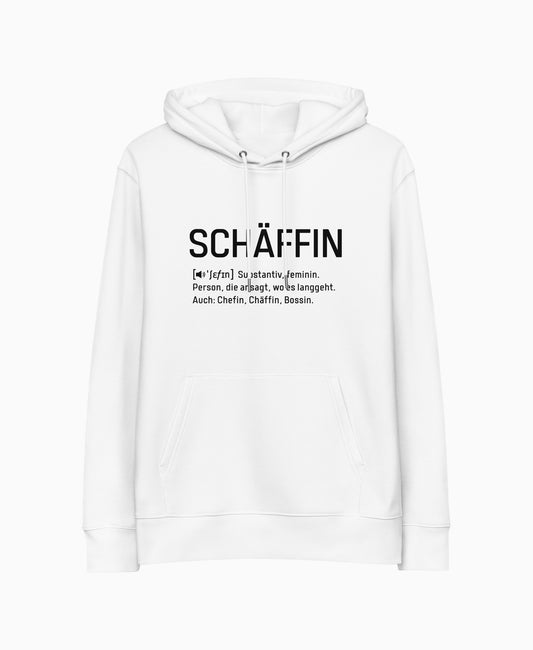 SCHÄFFIN – Chefin Definition Bio-Hoodie in Weiss mit Schwarzem Aufdruck