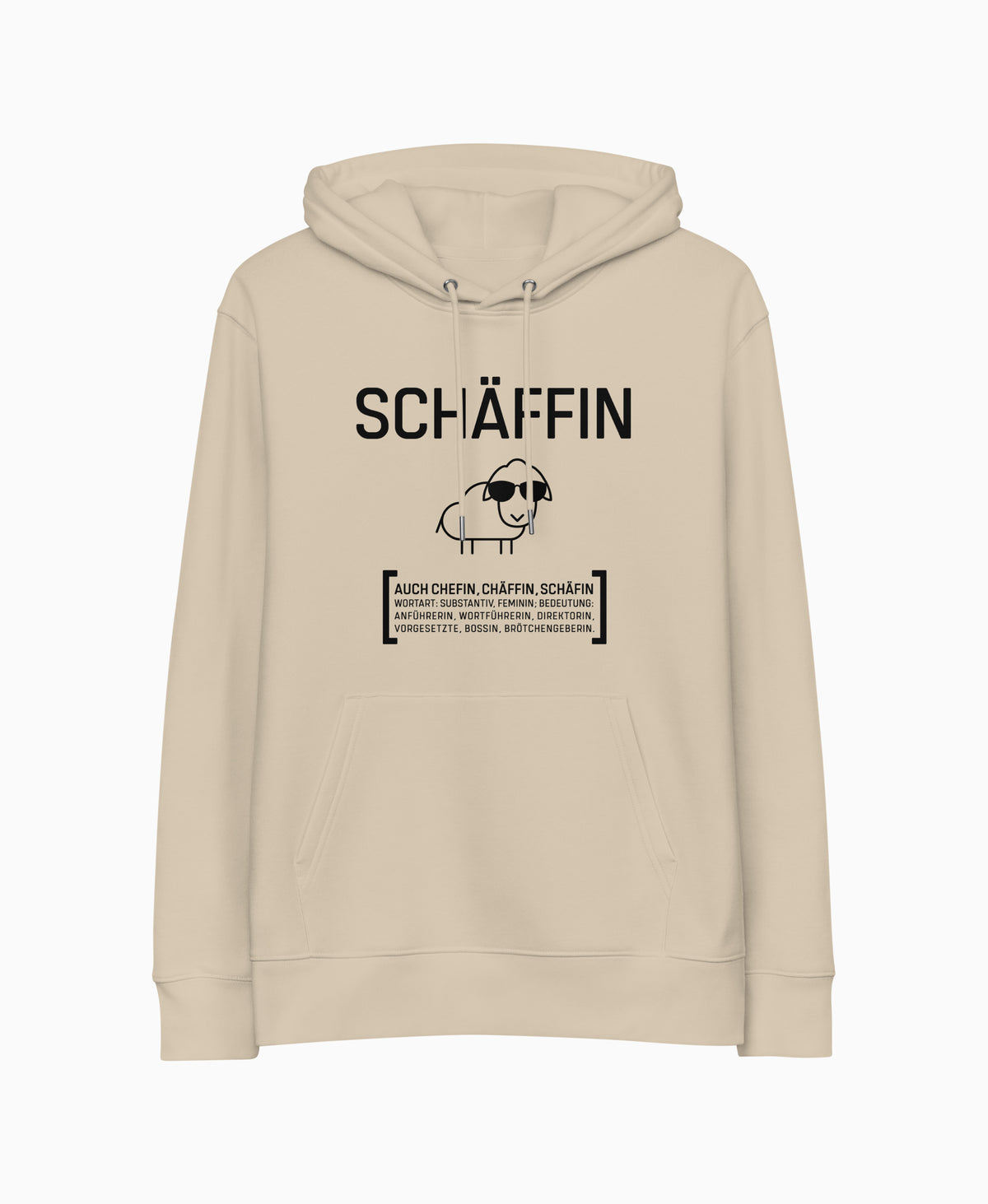 SCHÄFFIN – Chefin Bio-Hoodie in Beige mit lustigem Schaf und Wörterbuch Definition