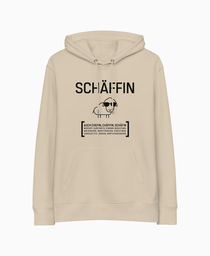 SCHÄFFIN – Chefin Bio-Hoodie in Beige mit lustigem Schaf und Wörterbuch Definition