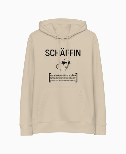 SCHÄFFIN – Chefin Bio-Hoodie in Beige mit lustigem Schaf und Wörterbuch Definition
