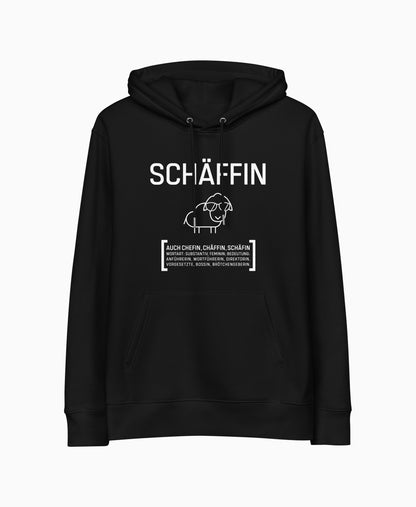 SCHÄFFIN – Chefin Bio-Hoodie in Schwarz mit lustigem Schaf und Wörterbuch Definition