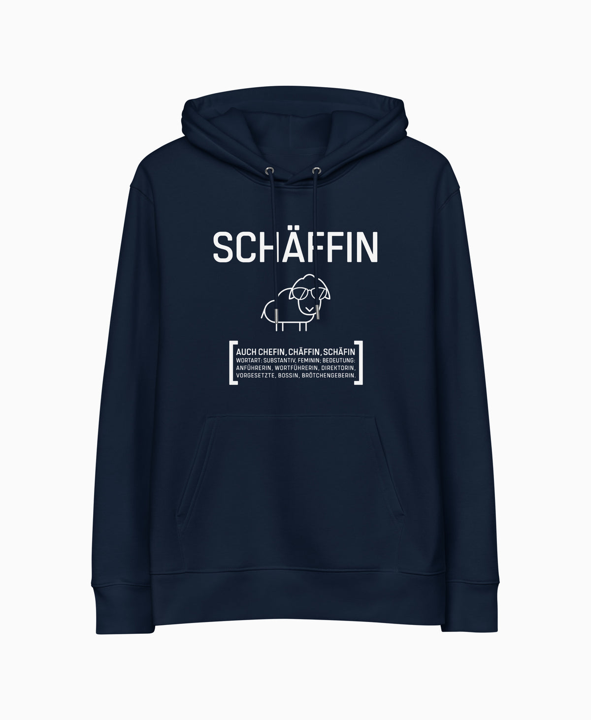 SCHÄFFIN – Chefin Bio-Hoodie in Navy mit lustigem Schaf und Wörterbuch Definition