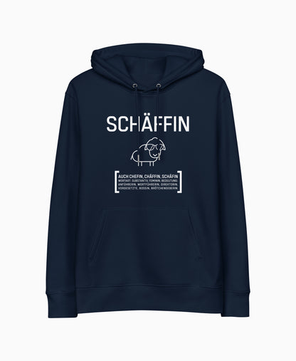 SCHÄFFIN – Chefin Bio-Hoodie in Navy mit lustigem Schaf und Wörterbuch Definition