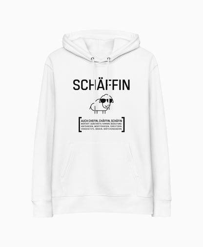 SCHÄFFIN – Chefin Bio-Hoodie in Weiss mit lustigem Schaf und Wörterbuch Definition