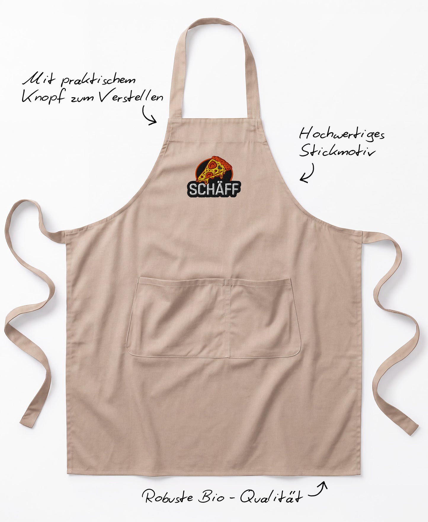 Produktbild der beigen SCHÄFF Pizzabäcker Schürze mit Hinweistexten zu den Funktionen: Verstellbares Nackenband, Fronttasche und robuste Bio-Qualität.
