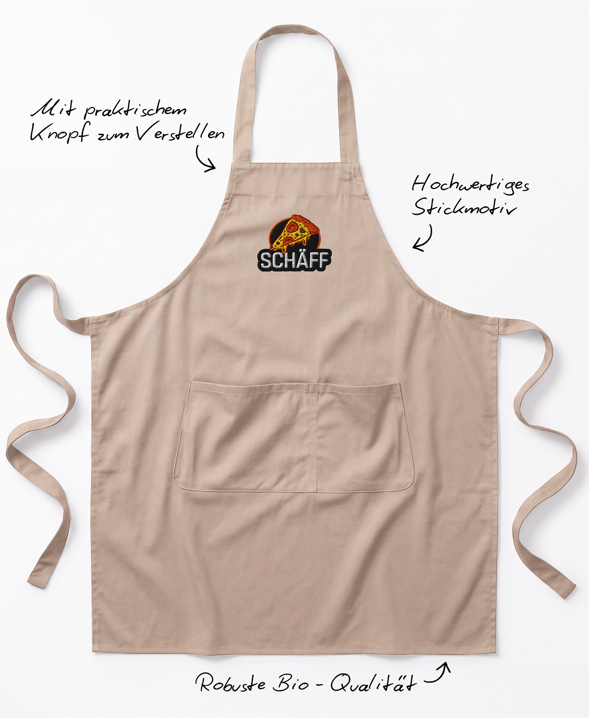 Produktbild der beigen SCHÄFF Pizzabäcker Schürze mit Hinweistexten zu den Funktionen: Verstellbares Nackenband, Fronttasche und robuste Bio-Qualität.