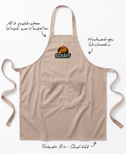 Produktbild der beigen SCHÄFF Pizzabäcker Schürze mit Hinweistexten zu den Funktionen: Verstellbares Nackenband, Fronttasche und robuste Bio-Qualität.