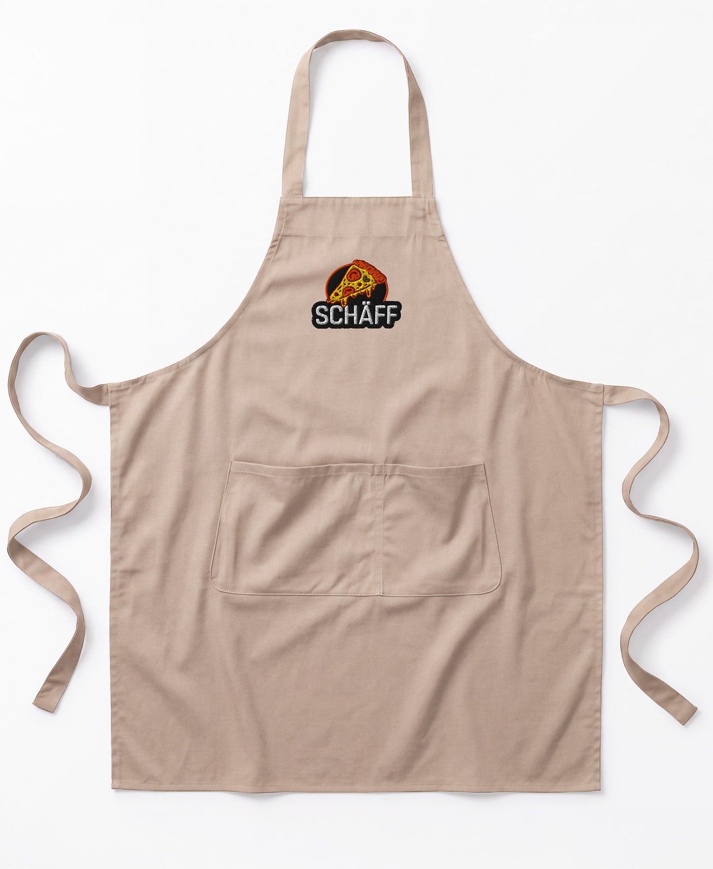 Produktbild der naturfarbenen SCHÄFF Pizzabäcker Schürze mit Stichmotiv einer Pizza und Schriftzug.