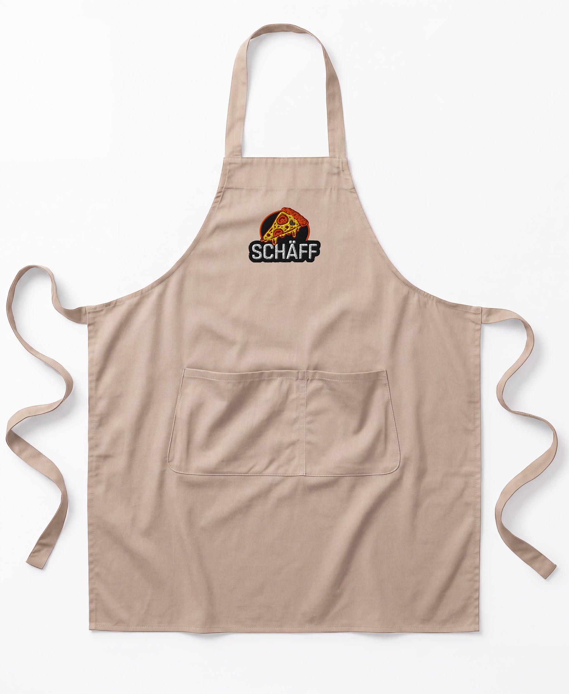 Produktbild der naturfarbenen SCHÄFF Pizzabäcker Schürze mit Stichmotiv einer Pizza und Schriftzug.