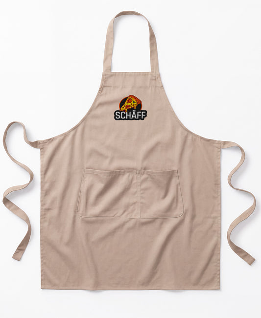Produktbild der naturfarbenen SCHÄFF Pizzabäcker Schürze mit Stichmotiv einer Pizza und Schriftzug.