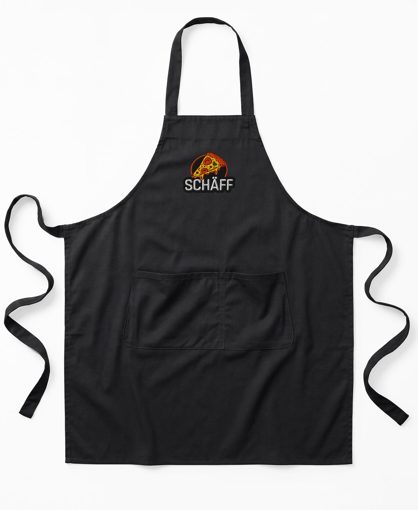 Produktbild der schwarzen SCHÄFF Pizzabäcker Schürze mit Stichmotiv einer Pizza und Schriftzug.