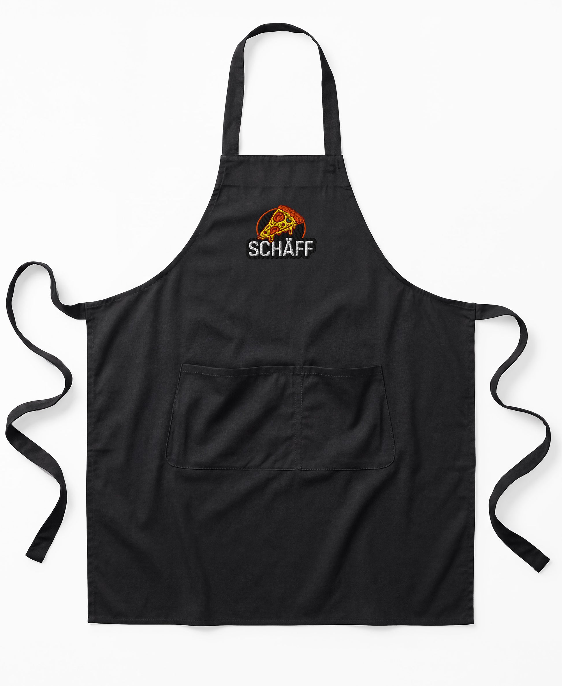 Produktbild der schwarzen SCHÄFF Pizzabäcker Schürze mit Stichmotiv einer Pizza und Schriftzug.
