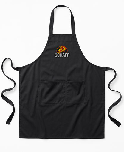 Produktbild der schwarzen SCHÄFF Pizzabäcker Schürze mit Stichmotiv einer Pizza und Schriftzug.