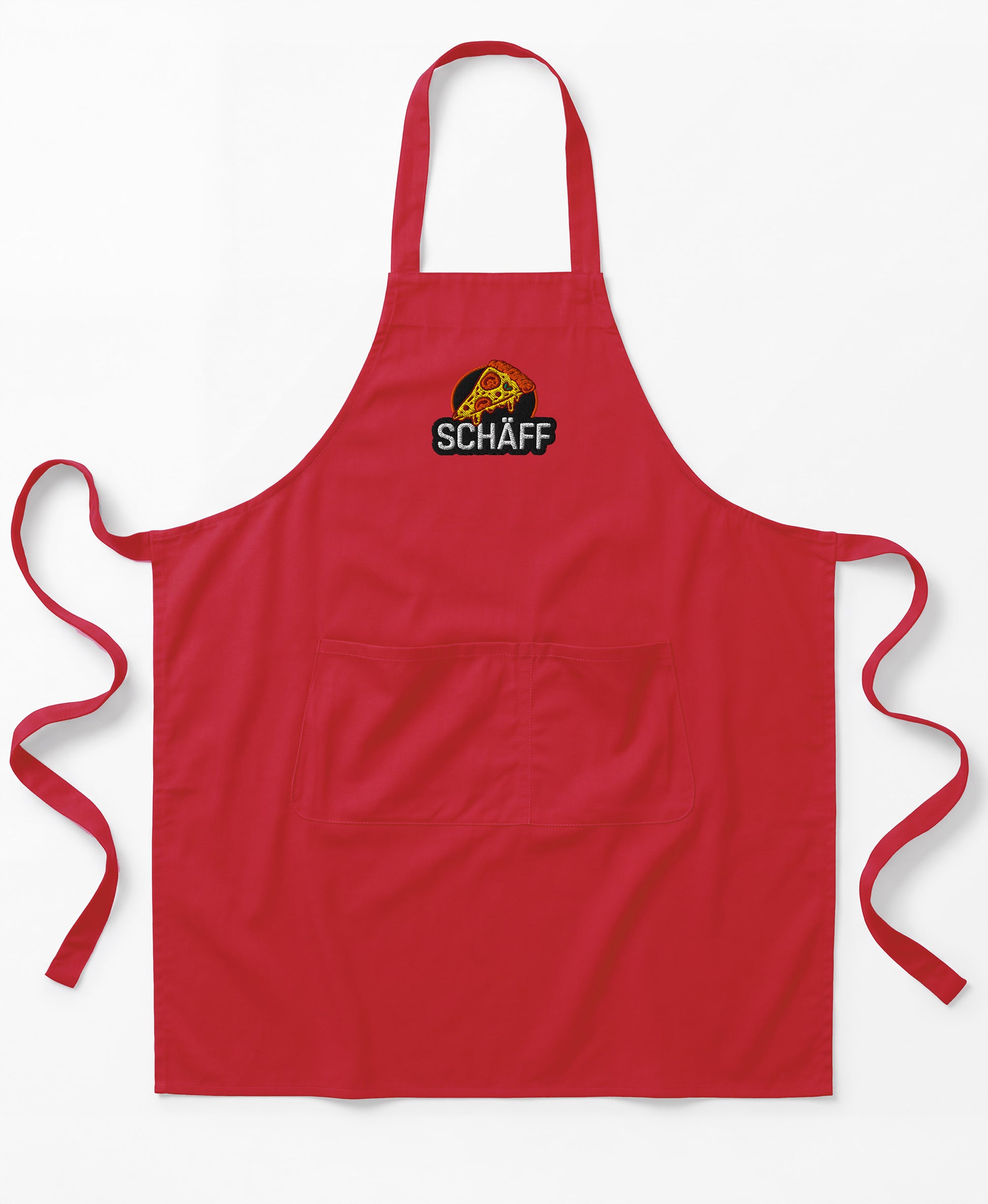 Produktbild der signalroten SCHÄFF Pizzabäcker Schürze mit Stichmotiv einer Pizza und Schriftzug.
